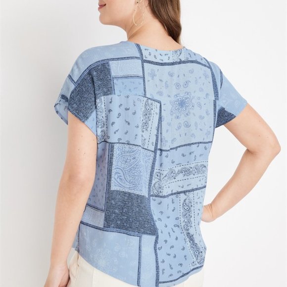 2/$25 PAISLEY PATCHWORK BUTTON Up BLOUSE with short sleeves Summer Shirt - Picture 3 of 3